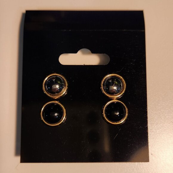 Two Pairs of Flat-Rounded Silver Stud Earrings - Black & Dark Silver - Picture 1 of 3